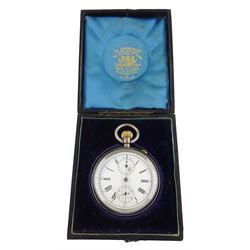 19th century Swiss silver open face keyless chronograph pocket watch, white enamel dial with Roman numerals, centre seconds and thirty minute recording dial, over constant seconds outer minute ring, plate signed 'The Newmarket', case No. 39585, makers mark K&Co, Swiss hallmarks, in fitted silk and velvet lined case by Cooke & Kelvey, Calcutta & Simla, back paper dated 1895