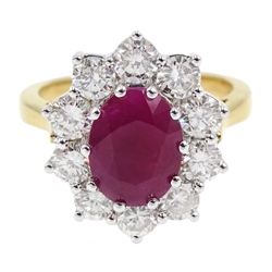18ct gold ruby and diamond cluster ring, hallmarked, ruby approx 2.25 carat, total diamond weight approx 1.50 carat