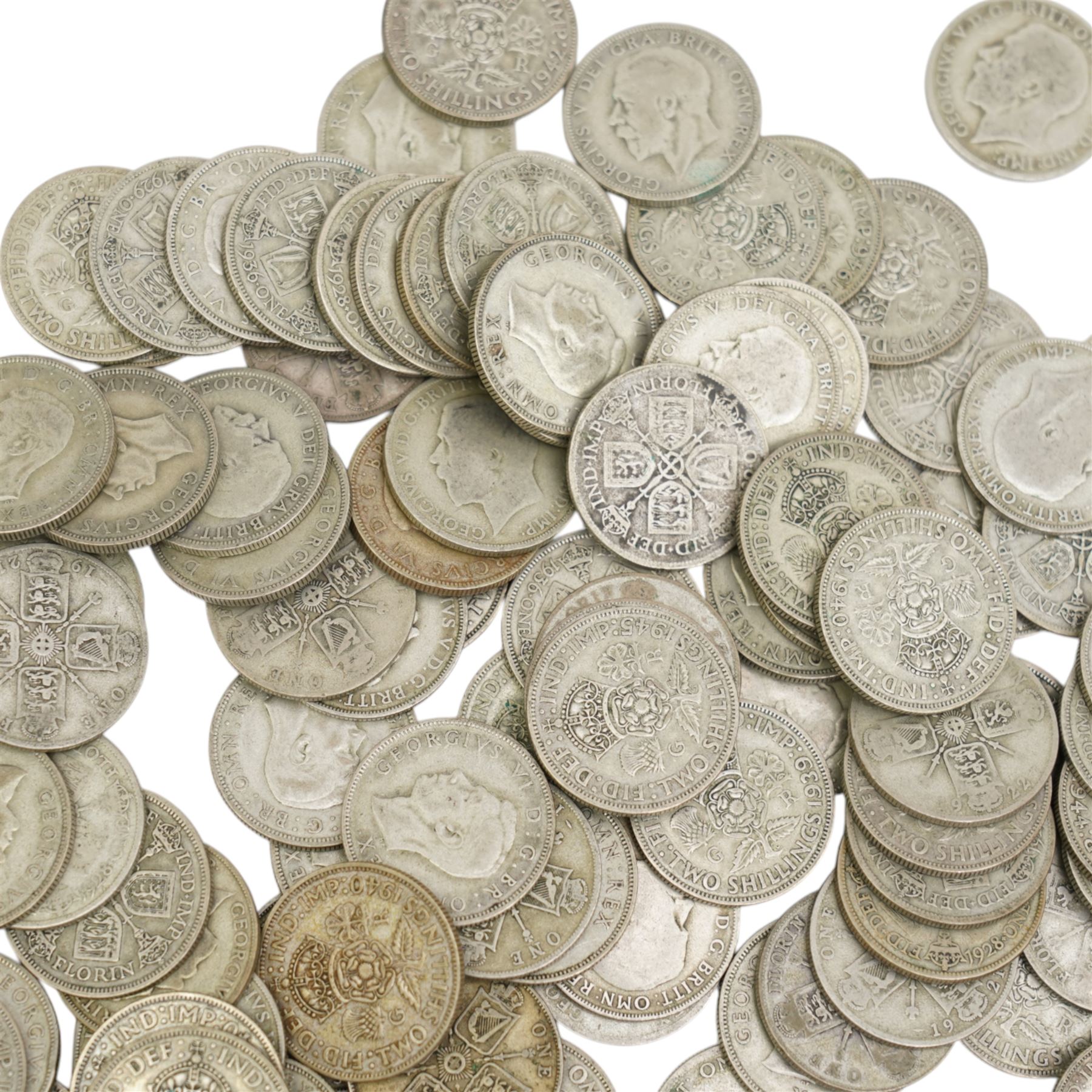 Approximately 4190 grams of Great British pre-1947 silver one florin or two shilling coins