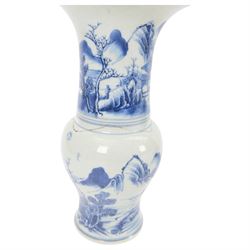 Chinese blue and white yenyen vase, decorated with fisherman in a village landscape, together with vase of cylindrical form decorated with birds amongst peonies, largest H36cm 
