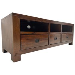 Contemporary hardwood television entertainment stand, fitted with three drawers over three open shelves, on square feet