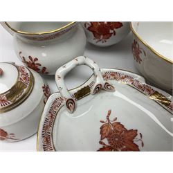 Herend Chinese Bouquet Rose pattern tea service comprising teapot, coffee pot, open sucrier, six cups and saucers, six tea plates, cream jug and stand, milk jug, two teabag holders, preserve pot, two leaf shaped dishes, four egg cups, salt & pepper pots, pair side plates and another plate