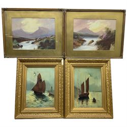 A Cameron (Scottish Early 20th century): 'Inverlochy' Highland Landscapes, pair gouache signed; JFN (British 19th/20th century): Moonlight Sailing Scene, pair oils on canvas signed max 27cm x 37cm (4)