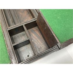 19th century mahogany writing slope, having brass capped corners, sunken twin handled, opening to reveal pull down hinged filing compartment and fitted interior, H18cm, L48, D30cm