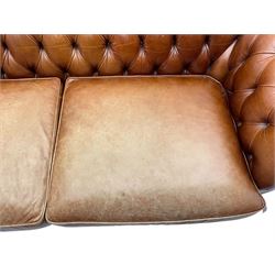 Springvale - large Chesterfield sofa, upholstered in buttoned tan leather, two cushion deep seat, turned bun feet