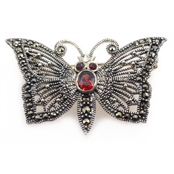  Silver marcasite and garnet butterfly brooch, stamped 925  