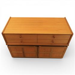 Nathan - 'Squares' pair of sideboards, rectangular top over four short drawers, above signature square panelled cabinet doors on a recessed plinth base