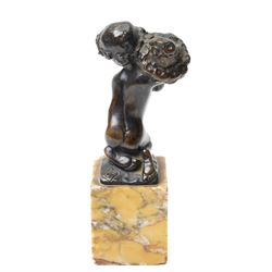 19th century Grand Tour small patinated bronze modelled as a young boy kneeling and holding a fleece over his shoulder, inscribed with monogram TC, on rectangular Sienna marble plinth, H13cm