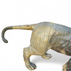 Pair of Chinese cast bronze tiger figures, one in a seated resting pose and the other advancing with open mouth, both with incised striping and aged bronze patina
Seated tiger (H 54cm, W 63cm, L 129cm)
Stood tiger (H 76cm, W 40cm, L 176cm) 