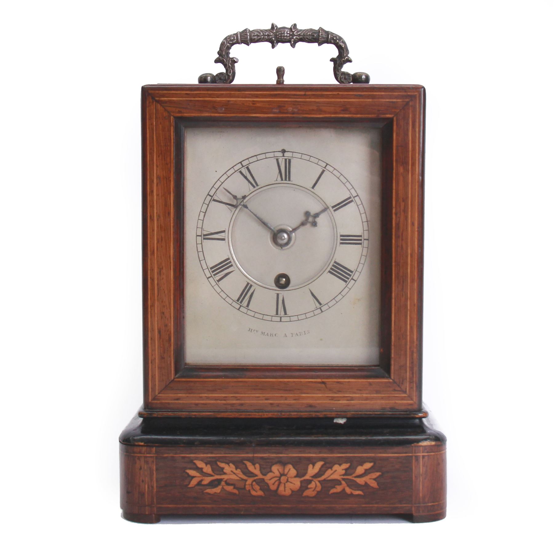 Henry Marc of Paris -  mid 19th century 8-day Pendule d'officier campaign clock in a rosewood veneered case with contrasting floral and leaf inlay and ebonised moulding, rectangular case with a brass carrying handle and sliding glass panel to the silvered sheet dial, chapter ring with Roman numerals, minute track and steel trefoil hands, with a single train timepiece movement and silk suspension. With pendulum and key. 