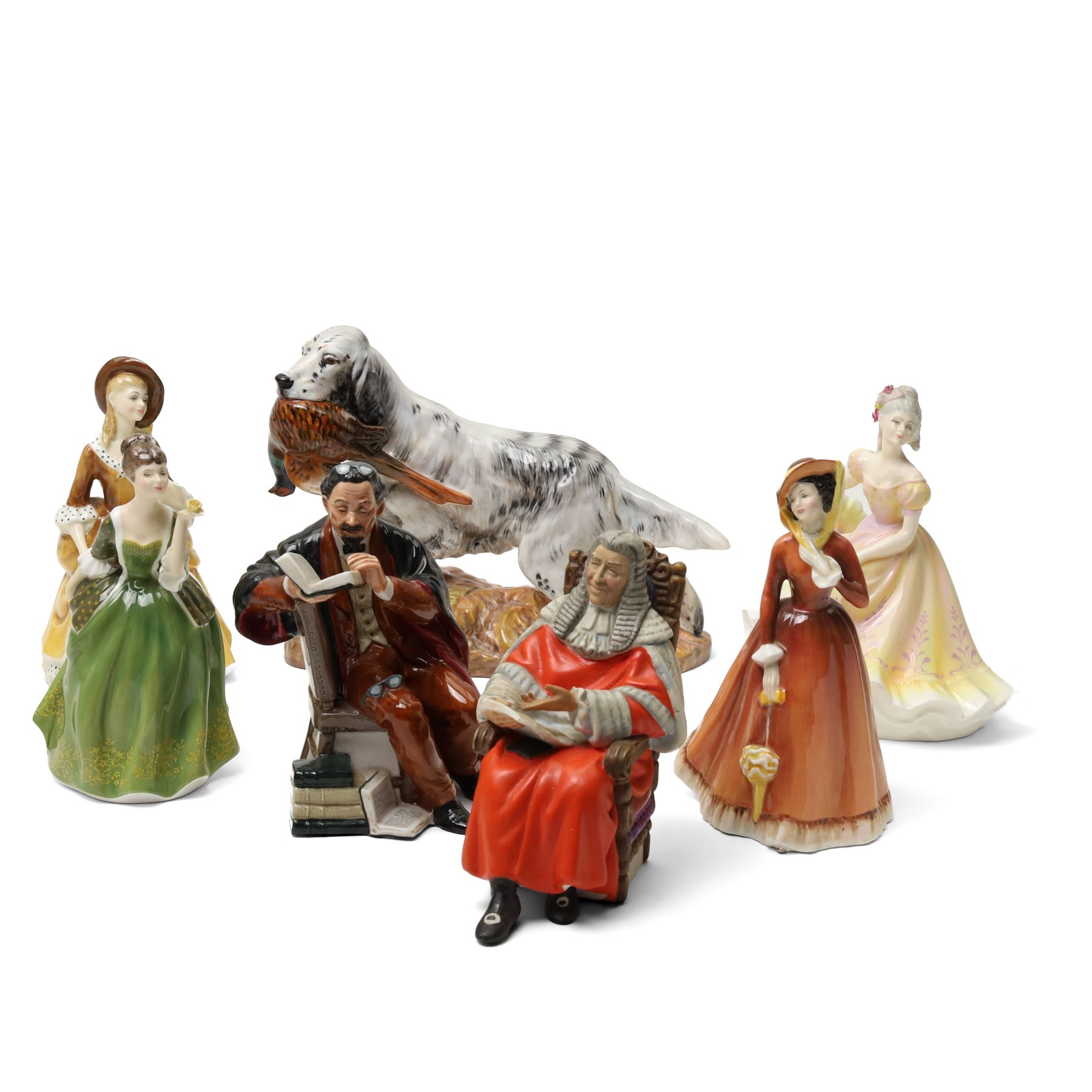 Royal Doulton figures comprising The Professor HN2281, The Judge HN2443, Julia HN2705, Fleur HN2368, Sandra HN2275, Ninette HN2379 and an English Setter with pheasant HN2529 (7)