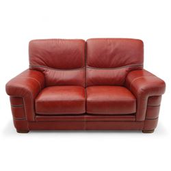 Bardi, Italy - two-seat sofa and footstool, upholstered in deep red leather, stool 72x63x39cm 