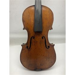 Late 19th century German trade violin c1890 with 36cm two-piece birds-eye maple back, neck and ribs and spruce top; bears label 'Manufactured in Berlin Special Copy of Nicolaus Amati' L59.5cm; in carrying case