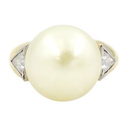 French 18ct gold three stone cultured pearl and trilliant cut diamond ring, Eagle hallmark...