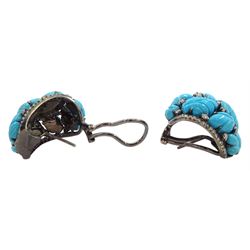 Pair of 18ct gold black rhodium plated turquoise leaf and round brilliant cut diamond stud earrings, stamped 750