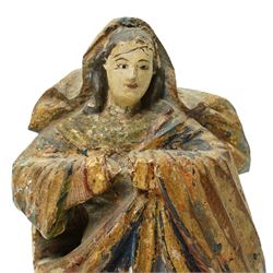 18th century Spanish Colonial Andean polychrome painted and carved giltwood figure of the Virgin of the Immaculate Conception, standing in prayer upon a crescent moon and cherub heads H29cm