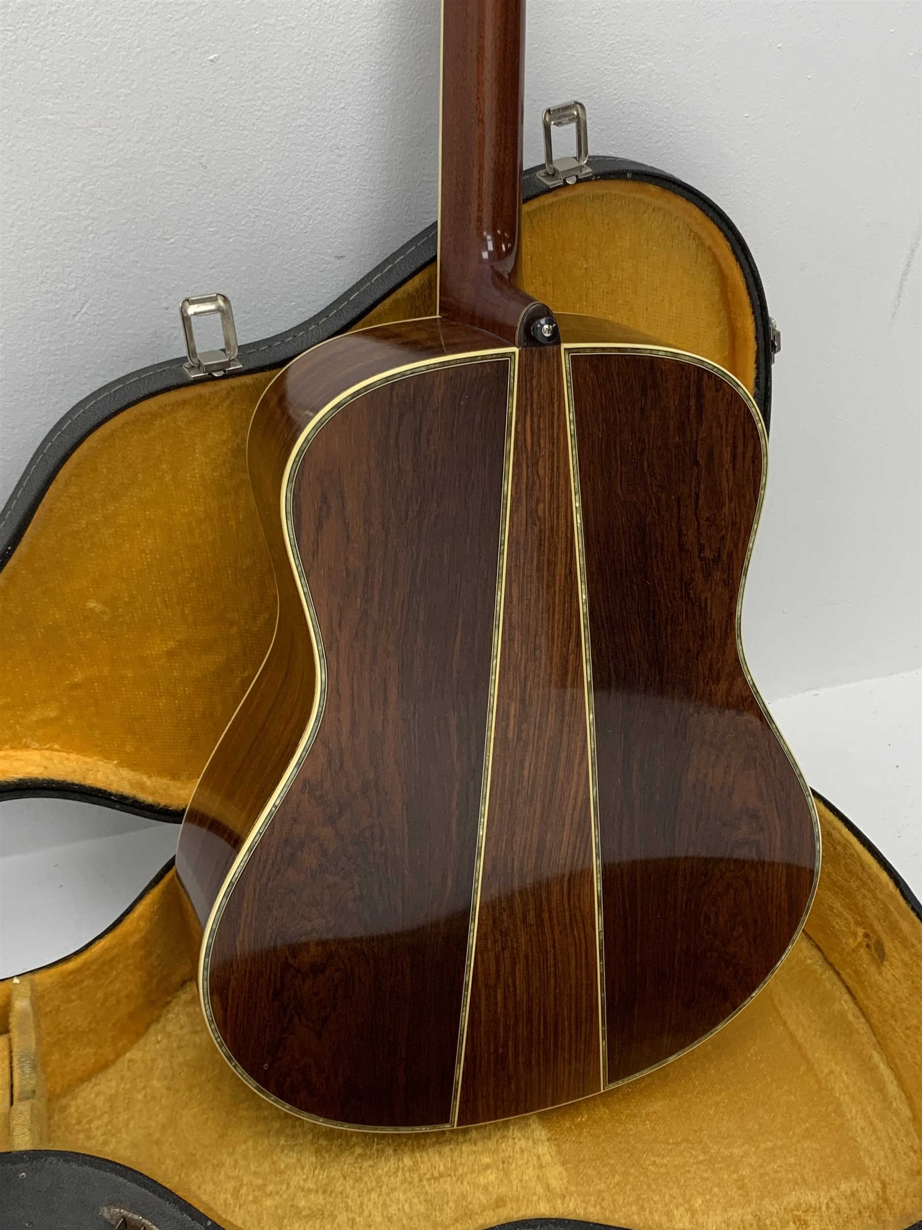 Rare Yamaha FG-1200J acoustic guitar, spruce top, solid Jacaranda back and sides, ebony fret board, mother-of-pearl bound top, three-piece back with abalone trim, in carrying case