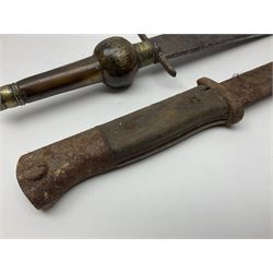 19th century continental folding knife with 15.5cm single edged blade, the pierced brass and iron handle with remains of horn grips L21.5cm overall closed; turned horn handled knife with foliate engraved blade; battlefield relic German 1884/98 knife bayonet; iron spear head; leather covered swagger stick; and two-piece gun cleaning rod
