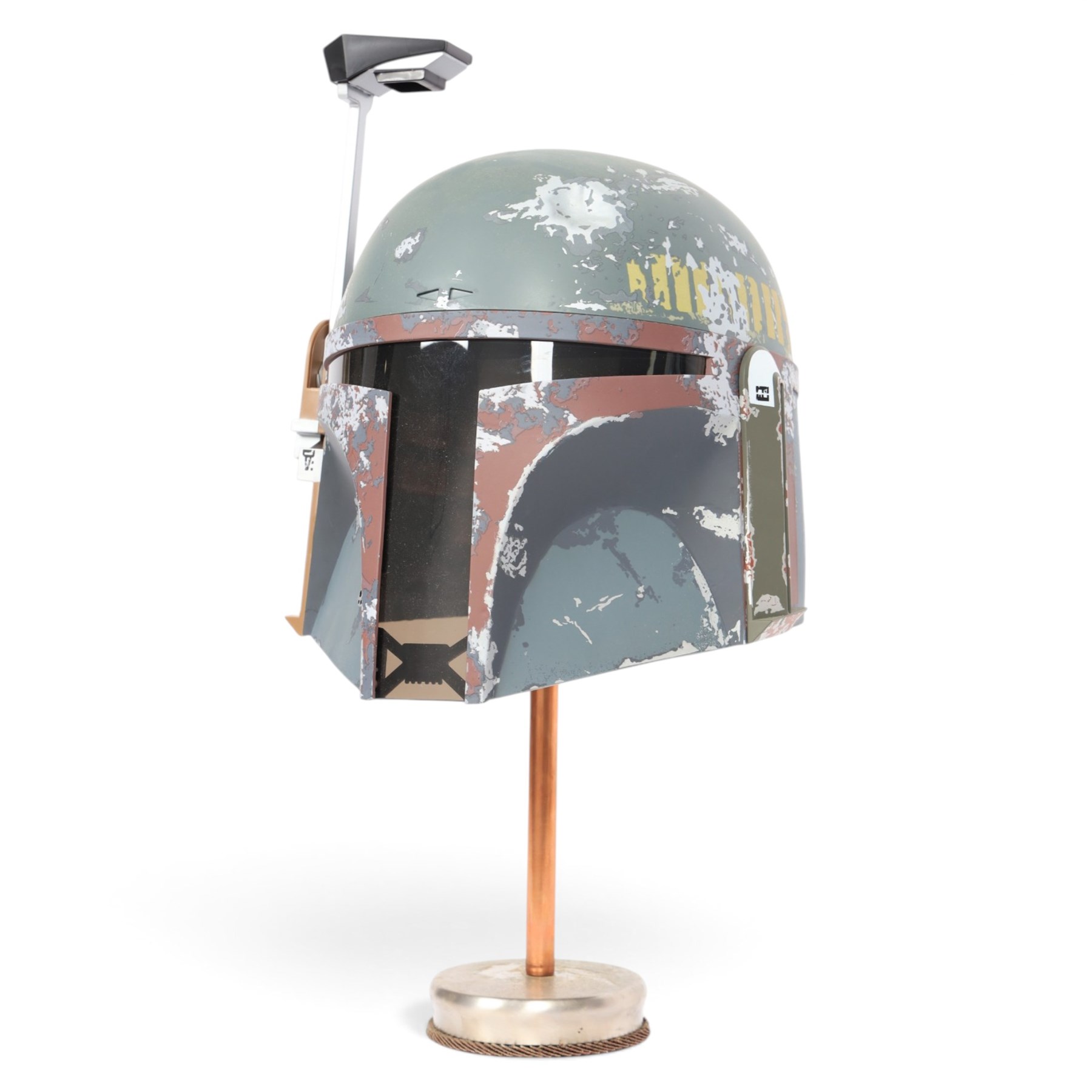 Hasbro Star Wars Black Series Boba Fett 40th Anniversary 1:1 scale helmet, on a metal display stand, helmet H28cm