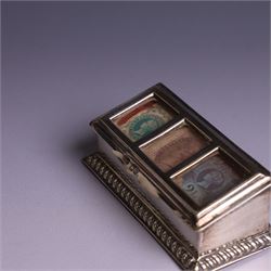 Late Victorian silver mounted stamp box, the hinged lid with three glazed panels, hallmarked Grey & Co, London 1900, together with a late Victorian silver hair comb and a cased set of six silver coffee spoons