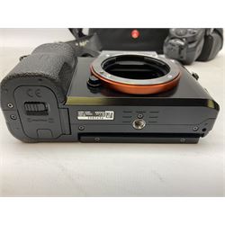 Sony Alpha 7R ILCE-7R camera serial number 3985636, with a 'Carl Zeiss Sonnar FE 1.8/55 ZA' lens, 'FE 28mm F2' lens, Sony Handycam Cyber-Shot HVL-F43M, all with original boxes, together with a Manfrotto camera bag  