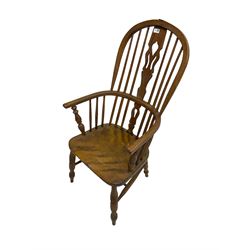 19th century elm and beech Windsor armchair, stick back with pierced splat, on turned supports with H-shaped stretchers