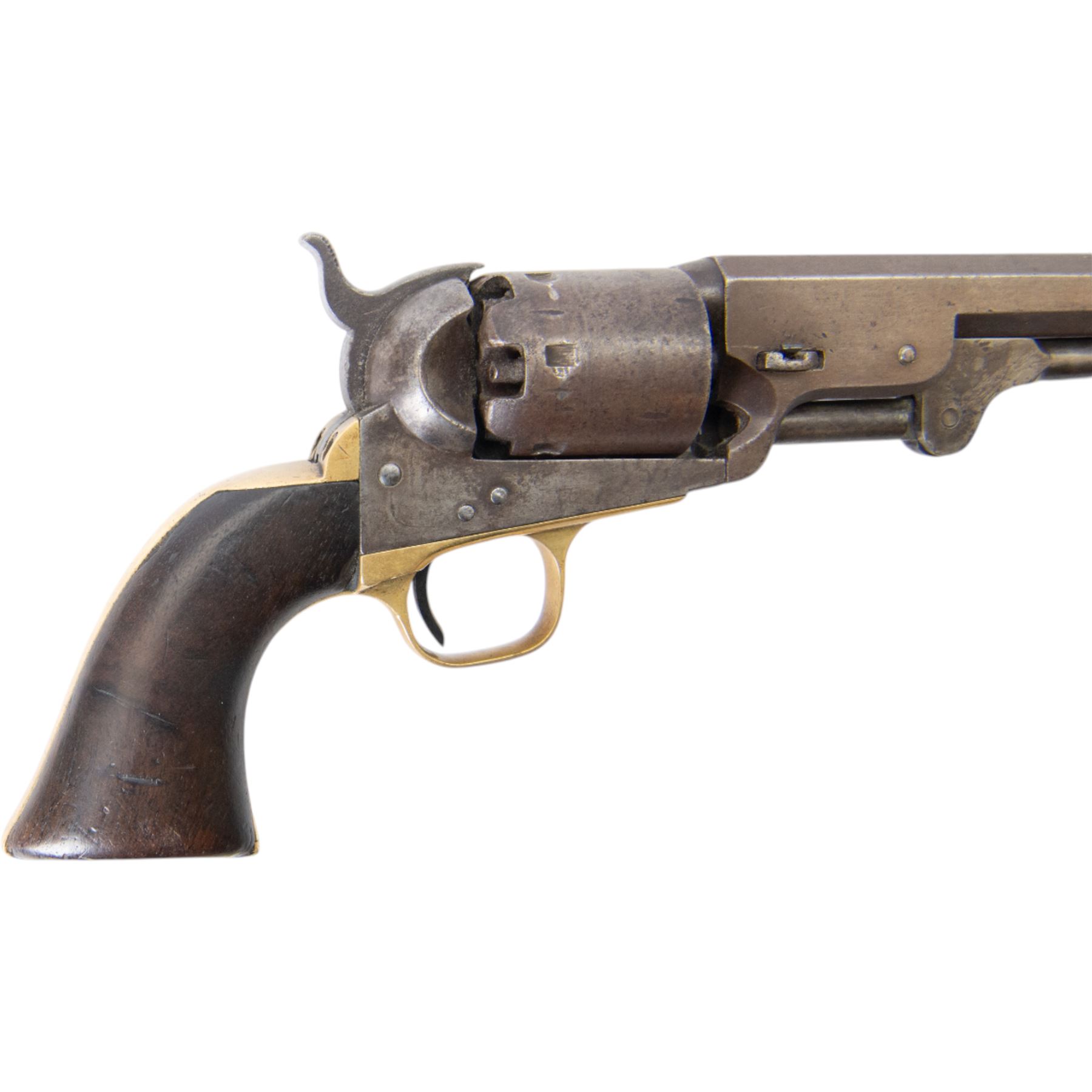 Colt .36 navy percussion revolver, with octagonal 7 1/2in. barrel top flat marked Address Col Samd Colt New York US America, frame stamped `Colts Patent' matching serial numbers, 112625, iron frame marked Colts Patent, brass grip-straps and trigger guard, smooth flared walnut grip, overall L33cm