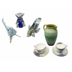 Pair of Shelley blue spray pattern teacups and saucers, together with a  blue ribbed Shelley water jug, jug H20.5cm, together with two Murano stylised glass fish, each raised upon two clear fins, together with paperweight modelled as fish in a bag