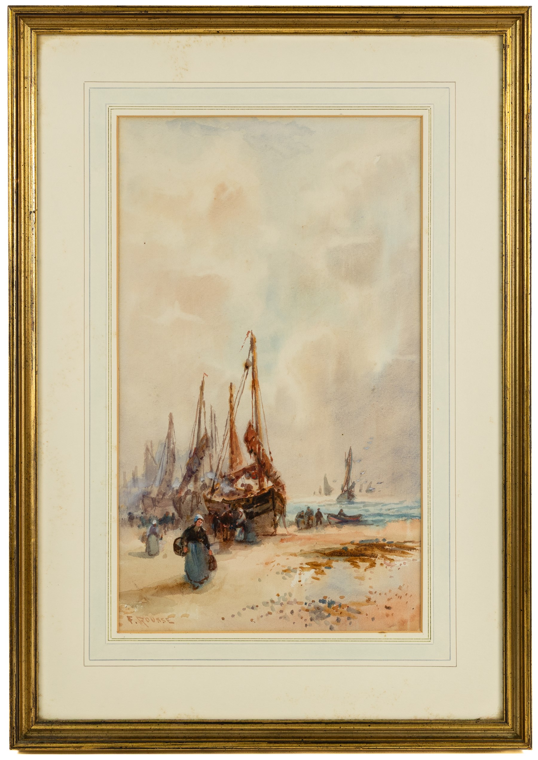 Frank Rousse (British fl.1897-1917): Unloading the Boats, watercolour signed 49cm x 29cm