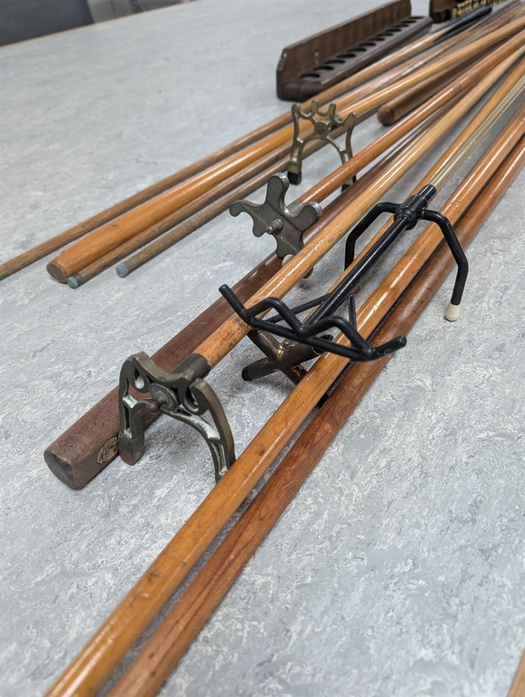 E J Riley billiard rules, together with Super Crystalate snooker balls, cue racks and a quantity of cues and extensions