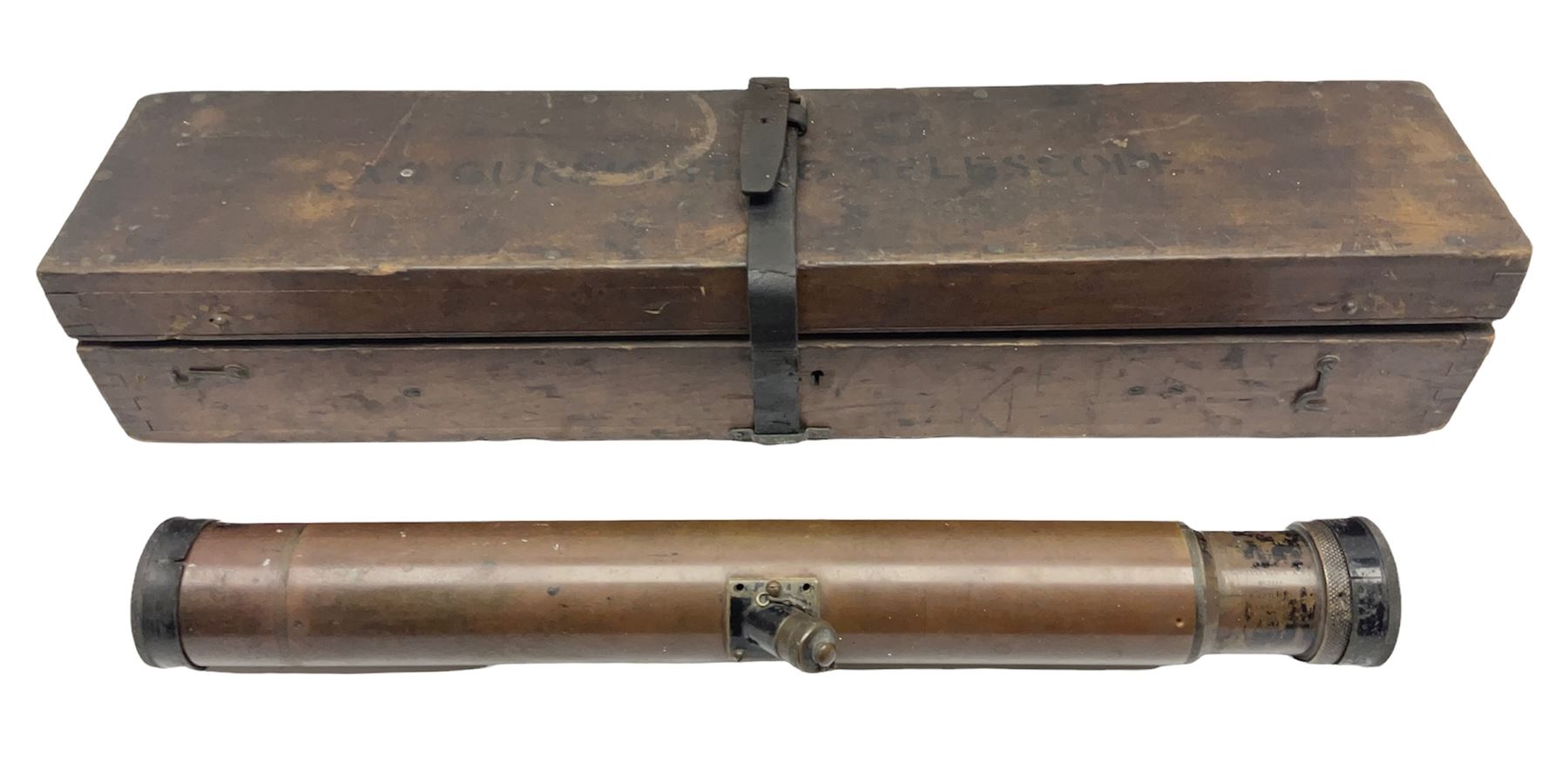 Early 20th century brass and black japanned gunsighting telescope inscribed 'G.S. Telescope X8 No.2127 W.G. Pye & Co Cambridge 1918 No.18' with X graticule to lens L53cm; in wooden box marked 'Gunsighting Telescope'