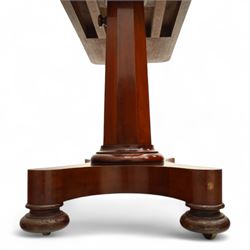 William IV mahogany reading table, the rectangular top with rounded corners and moulded edge, one end fitted with two hinged adjustable reading slops with two rests, the sliding top with a sprung stay mechanism, supported on a single tapered faceted column  with turned collar on a quatreform base with compressed bun feet