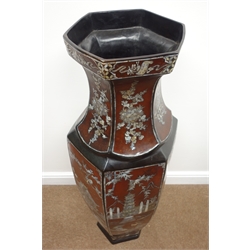  Large Japanese Lacquer style floor vase of hexagonal form with mother-of-pearl panelled decoration, H112cm   