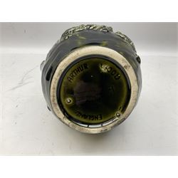 Three jardinières comprising West German Gerz example decorated in relief, Doulton Slaters example with frilled everted rim and a majolica example, and a further two Arthur Wood majolica jugs (5)