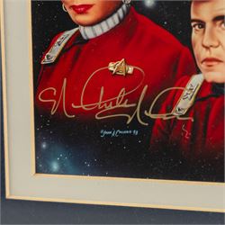 Limited edition Star Wars print 'The Voyage Begins' by Stewart Robinson numbered 516/1701, framed above three signed photographs of William Shatner as Captain James T. Kirk, Leonard Nimoy as Mr Spock and The Star Trek Legendary Four, all with certificates of authenticity verso, frame H109cm, W90cm