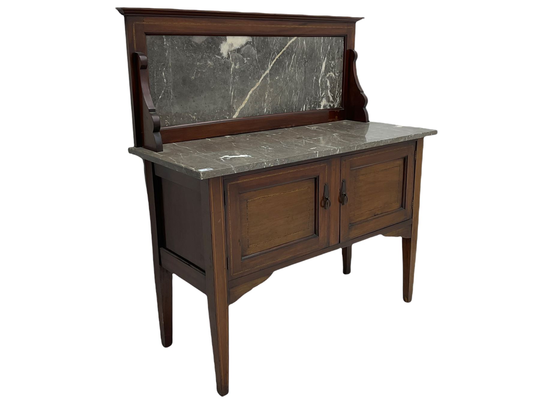 Edwardian inlaid mahogany washstand, raised grey and white marble back and top, fitted with double cupboard, square tapering supports