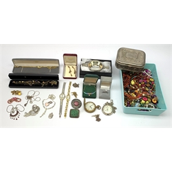 A selection of vintage and later costume jewellery, plus a coral beaded necklace, and some silver pieces, and a pewter quaich dish. 