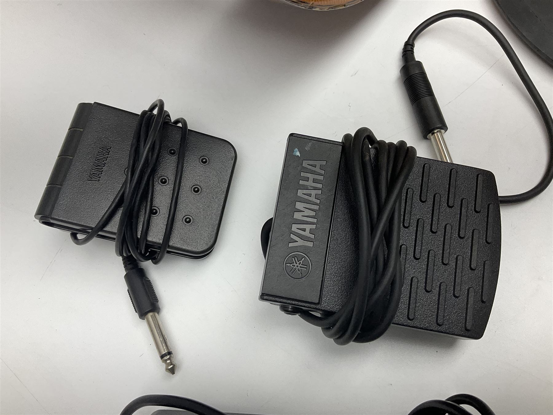 Spanish BM acoustic guitar with mahogany back and sides and spruce top L101cm; in cello carrying case; Roland foot pedal and two Yamaha foot pedals; tin D# organ pipe; folding music stand etc