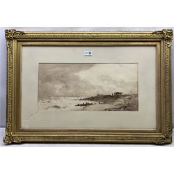 George F. Glennie (British fl.1861-1882): 'Coast Nr. Rye' & 'Pett Level Sussex',  pair monochrome watercolours signed and dated 1875, original title labels verso 24cm x 49cm (2)