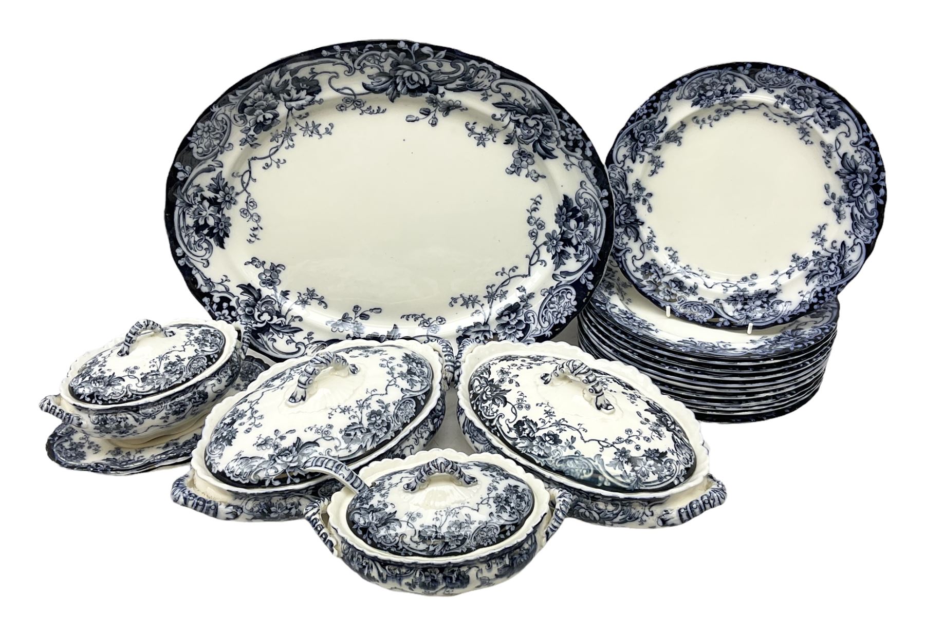 Late Victorian blue and white Chatsworth K Mayers & Co dinner wares, to include four lidded tureens, ladle, nine dinner plates, meat plate etc