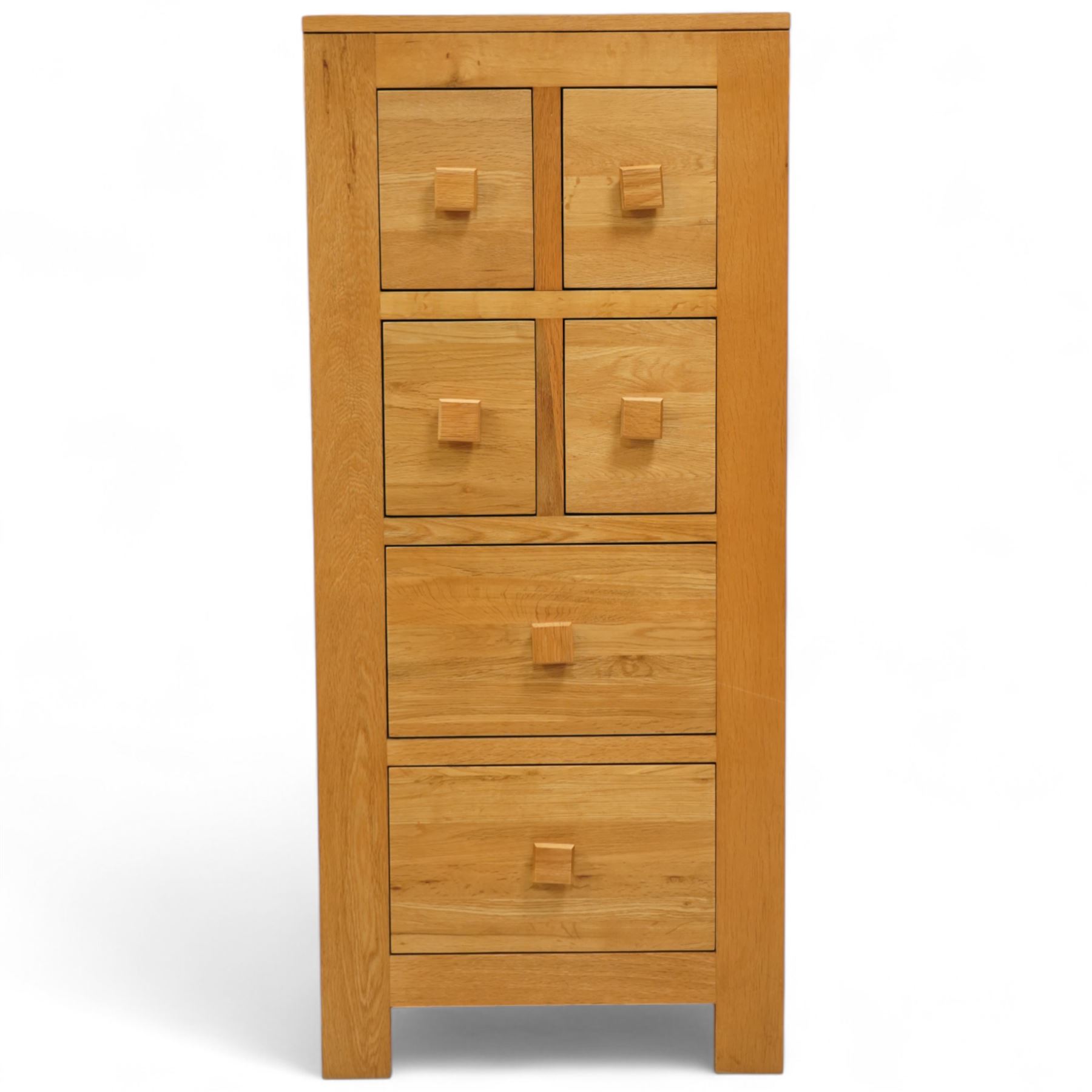 Modern light oak tallboy, the case fitted with six drawers including two pairs of short upper drawers and three full-width below, square pull handles throughout, supported on straight square legs with inset side panels