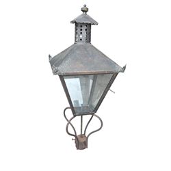 Early 20th century brass and cast iron garden lantern or street light, turned finial over ...