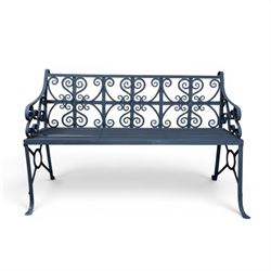 Regency period wrought iron garden bench, hand forged in wrought iron and finished in matt black paint, decorated with intricate scrollwork and featuring circular geometric ends, strapwork seat