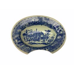 19th century Staffordshire pottery jug, entitled Willie Brewd a Peck o maut, depicting figures in relief, H24cm, a blue and white Victoria Ware Ironstone shaving bowl, L27.5cm, and a 19th century French Sarranguimes tankard with black transfer printed band depicting figures and horses, H17cm
