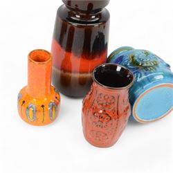 Six West German and similar vases, including lava example and orange bottle neck example, tallest H26cm