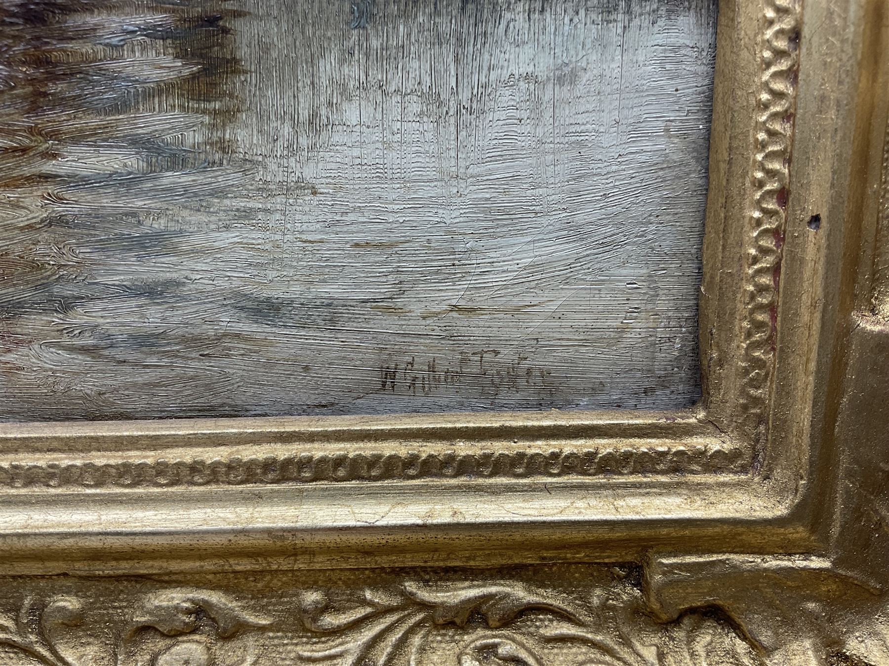 William Gilbert Foster (Staithes Group 1855-1906): Boats Moored at Tate Hill Pier Whitby, oil on canvas signed 29cm x 45cm