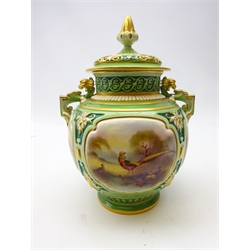  Early 20th century James Hadley Royal Worcester pot pourri vase and cover, with four hand painted panels, two decorated with pheasants in a woodland landscape, signed A.C. Lewis, 1905, H26cm   