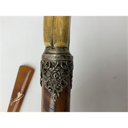 Walking stick mounted with sheep horn handle and ornate foliate silver collar hallmarked Birmingham 1899, L95cm, together with hallmarked silver collared shepherd's crook, and further walking stick handles to include examples modelled as clasped hands, dog head, horse hoof with silver collar etc