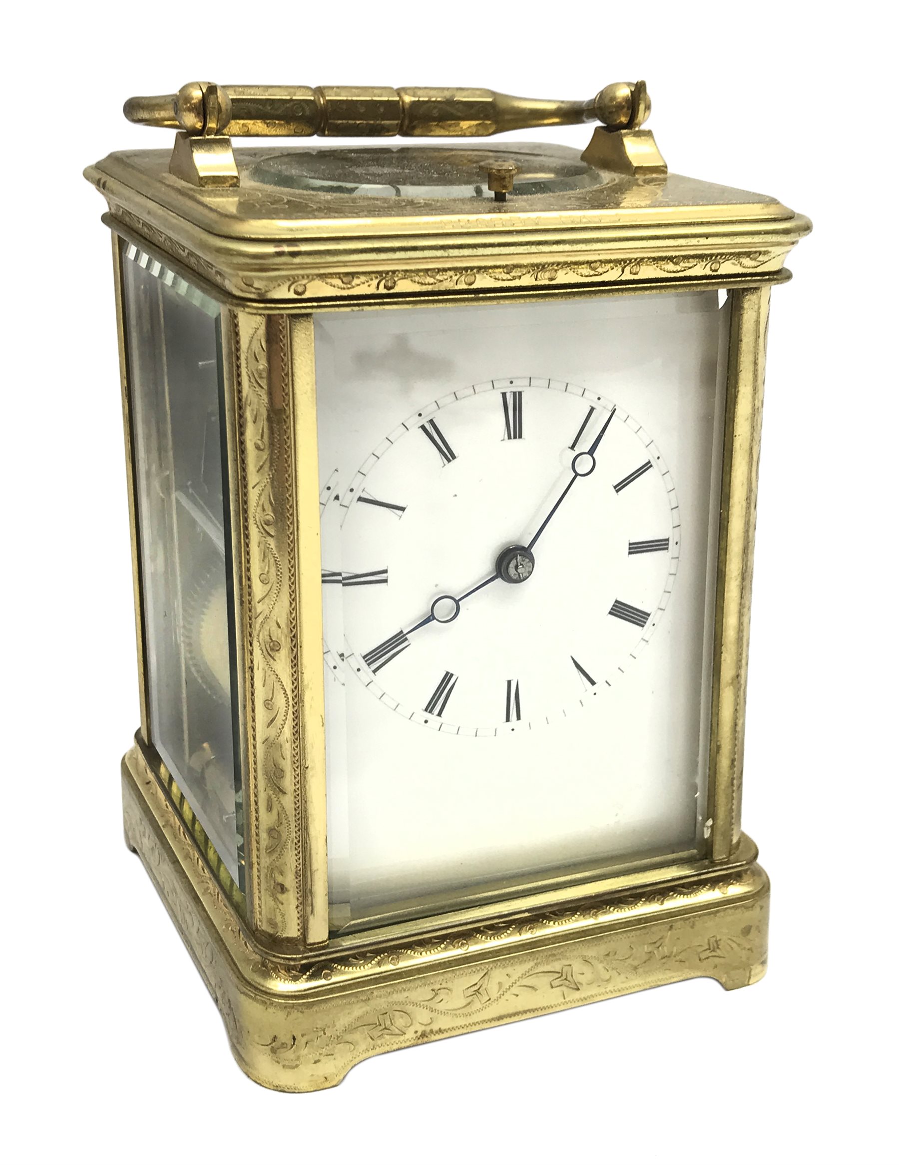 Early 20th century brass five glass carriage clock with button repeater, the brass case engraved with trailing foliage decoration, white enamel Roman dial, eight day movement striking the hours on bell, inscribed 'J. T. Ellsworth from... J. Blundel, Crosby Hall', with key, H14cm
