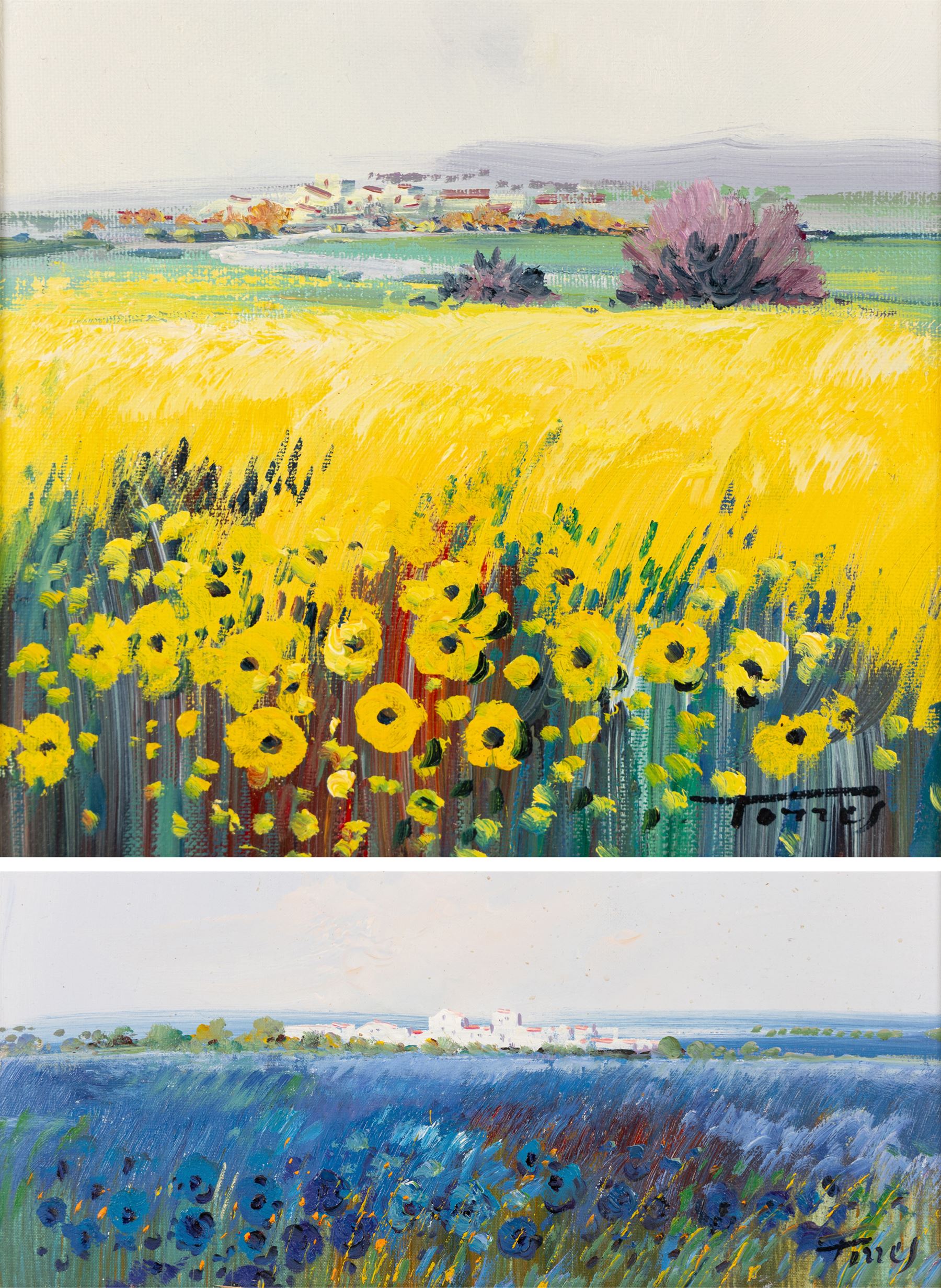 Miguel Torres (Spanish 1948-): Field of Sunflowers and Field of Blue Flowers, two oils on canvas signed 20.5cm x 20.5cm and 12.5cm x 28cm (2)